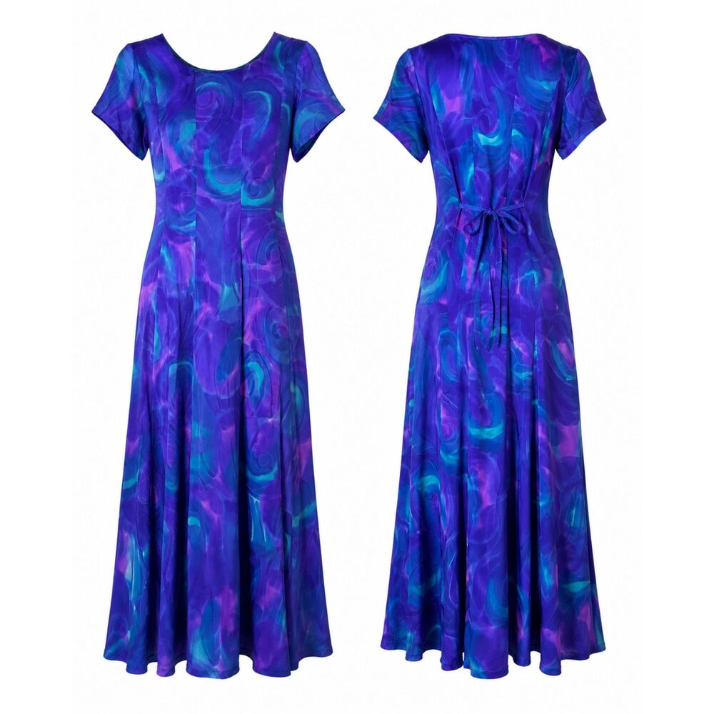 Vintage Simply Silk Blue Purple Abstract Silk Maxi Dress Women’s Medium Boho 90s